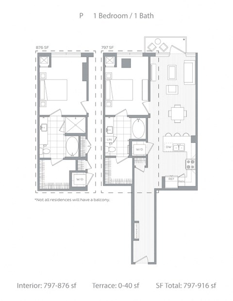 Floor plan for 1 bed, 1 bath, 872 sqft